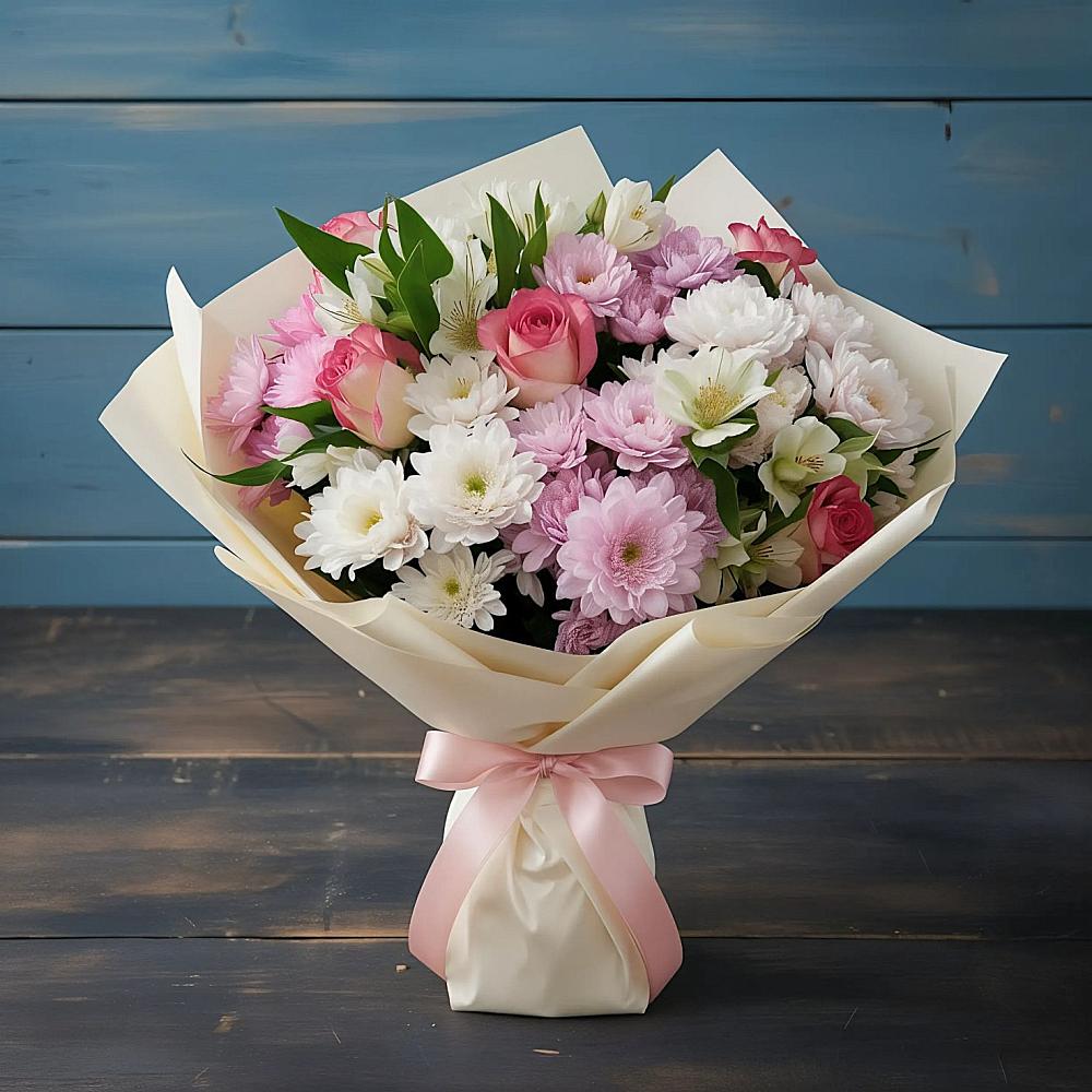 Букет цветов из: Хризантемы, Альстромерии и Розы в Одоев